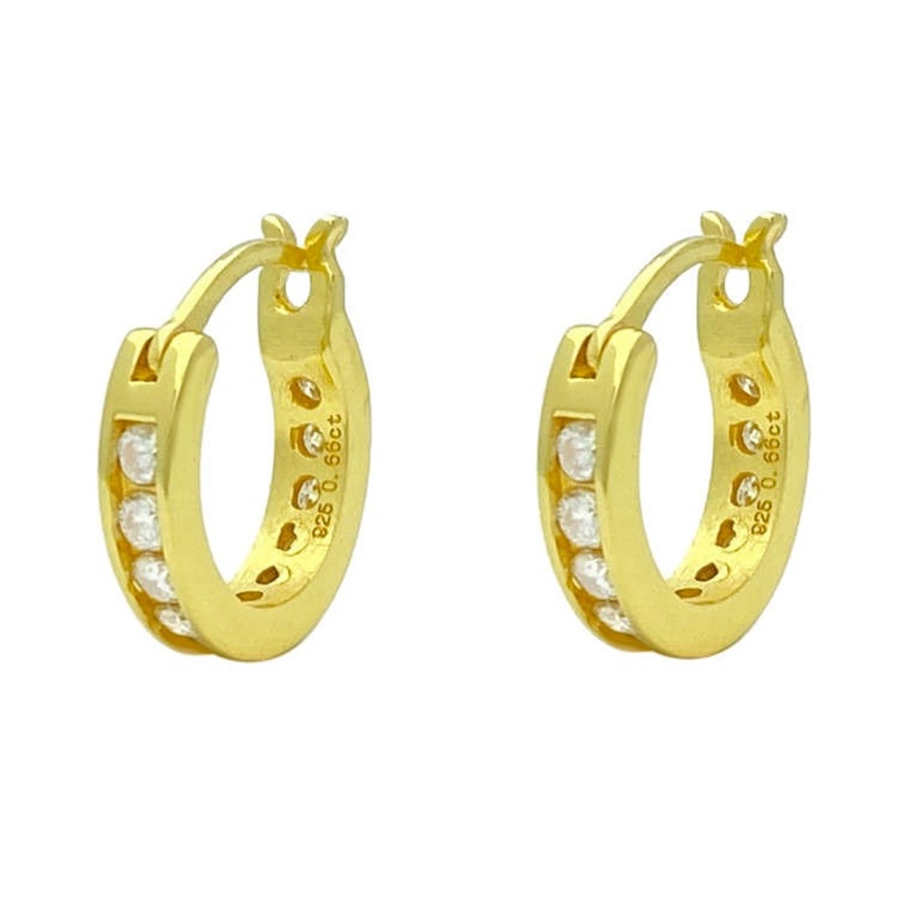 Men's Small  Iced Cz Solitaire Gold Plated Sterling Silver Skinny Hoop Earrings​